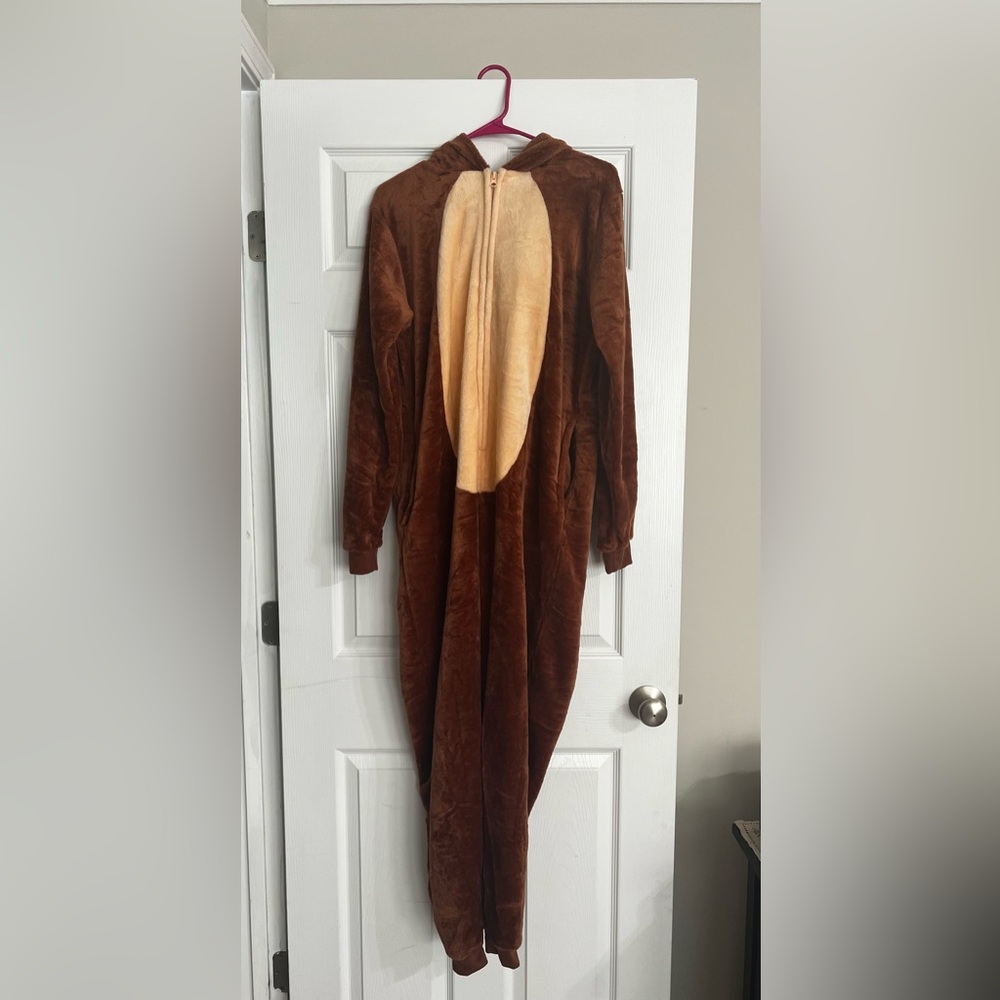Plush Brown Hooded Onesie with Beige Front Panel